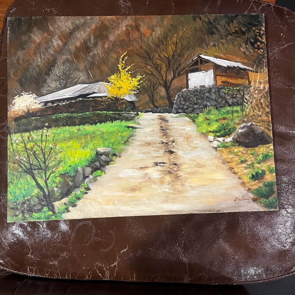 original Oil Painting Rural Korean Landscape spring scene